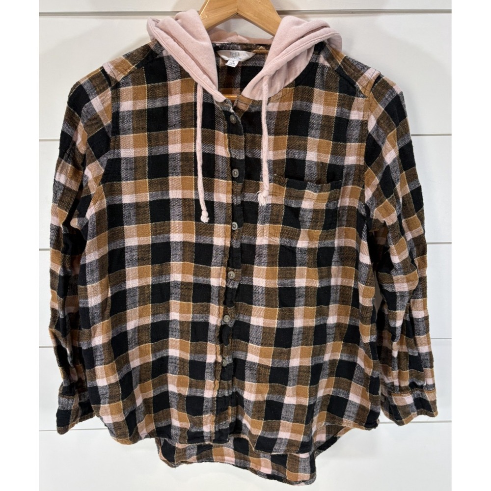 Women's Time And Tru Long Sleeve Plaid Button Down Hoodie Pink Black Tan Size S